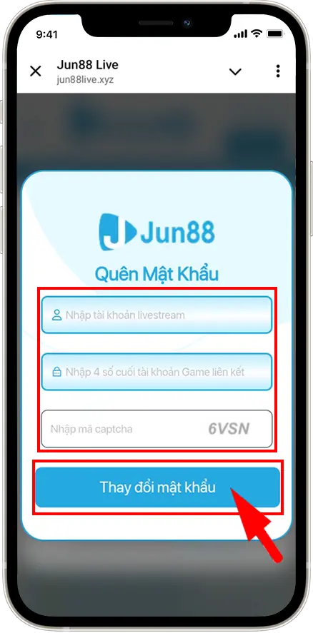 Bước 2: Nhập tài khoản livestream và 4 số cuối tài khoản game liên kết sau đó điền mã captcha nhấn "THAY ĐỔI MẬT KHẨU"